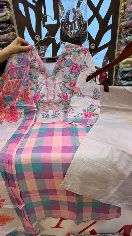 New Swizz Lawn Floral & Grid Print 3-Piece Suit Collection - Pastel Grid