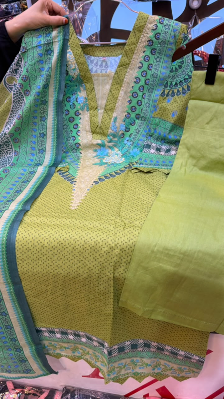 New Swizz Lawn Olive Green Paisley & Geometric Printed 3-Piece Suit Collection