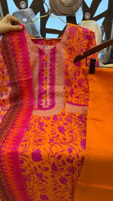 New Swizz Lawn All-Over Printed Stitched Three-Piece Collection (Vibrant Orange & Fuchsia Pink)