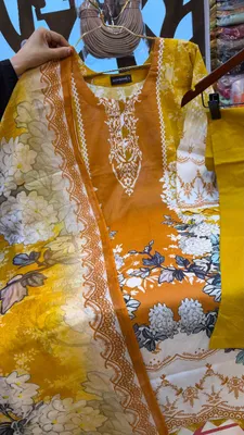 New Swizz Lawn All-Over Floral Printed Stitched Three-Piece Collection (Mustard Yellow & White)