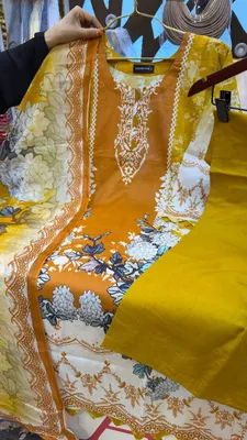 New Swizz Lawn All-Over Floral Printed Stitched Three-Piece Collection (Mustard Yellow & White)