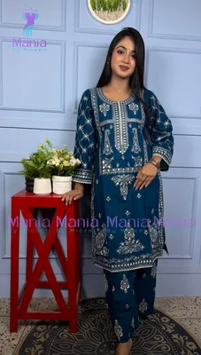 Queen’s Blue // Premium Embroidery Work Slub Cotton Fabric // Co-Ord’s 2PCS Set