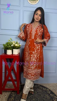 Spice Orange // All Over Embroidery Work Slub Cotton Fabric // Co-Ord’s 2PCS Set