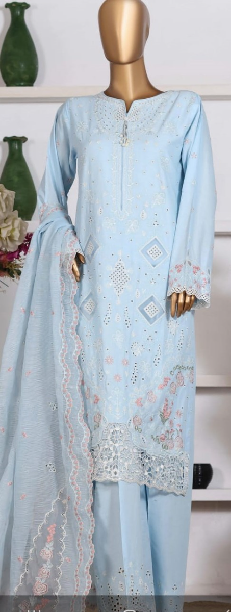 Pakistani Original HZ Textiles Luxury Cotton Stitched 3Pcs _ Sky Blue 