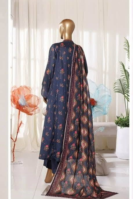 Pakistani Original Bin Saeed Printed Frock Stitched 3Pcs_ Navy Blue