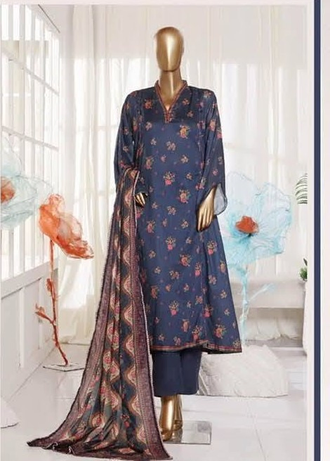 Pakistani Original Bin Saeed Printed Frock Stitched 3Pcs_ Navy Blue
