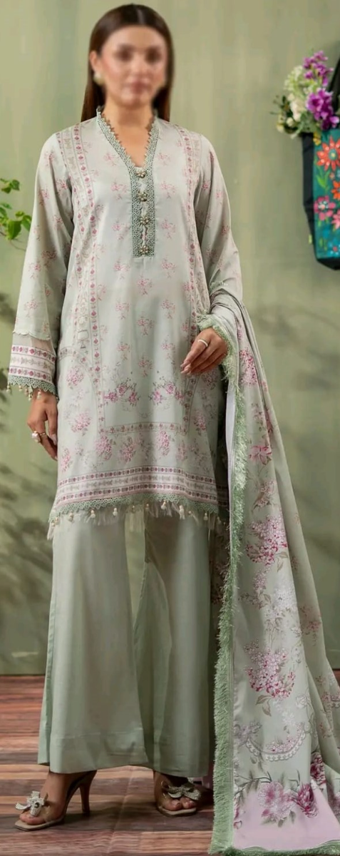 Original Pakistani Mausummery Premium Lawn Stitched 3Pcs _ Mint Beige