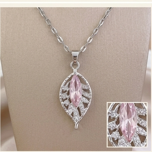 3 Pcs Pink Crystal Leaf Necklace Set