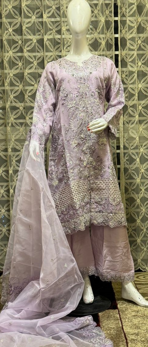 Pakistani Original Nau Bahar Luxury Organza Stitched 3Pcs _ Lavender 
