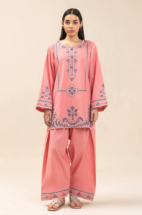 BEECHTREE -  2 PIECE EMBROIDERED TWO WAY SLUB SUIT (PRET)