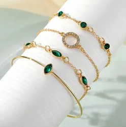 Green Rhinestone Circle Decor Bracelet Set (4 pcs )