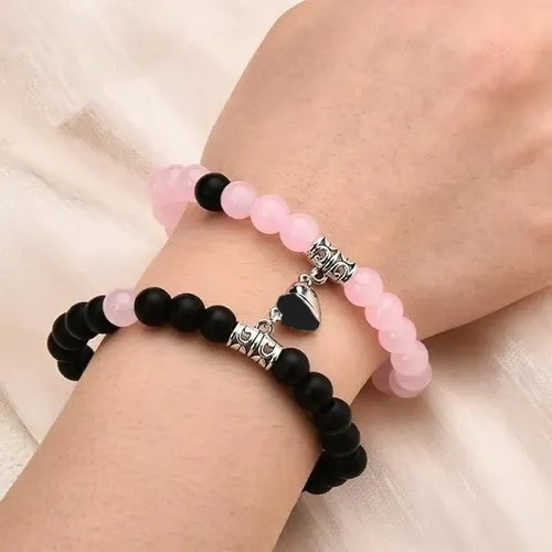 Black & Pink Magnetic Heart Charm Bracelet Set