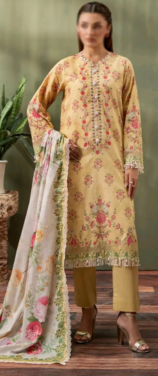 Original Pakistani Mausummery Premium Lawn Stitched 3Pcs _ Yellow