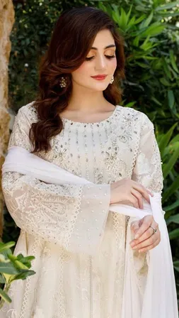 Pakistani Original Mona Embroidery Cotton Net Stitched Gown 3Pcs _ Off White