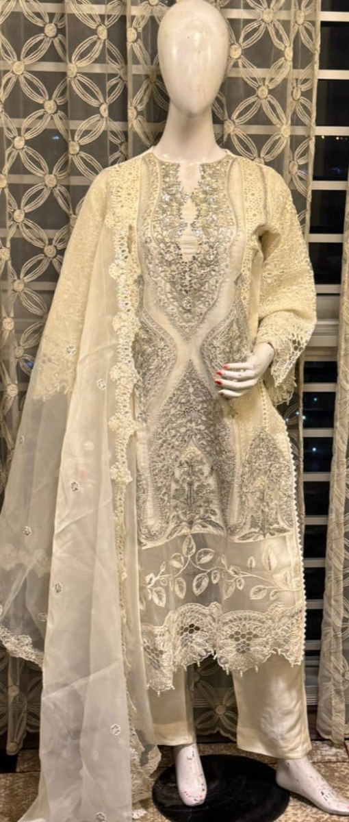 Pakistani Original Nau Bahar Luxury Organza Stitched 3Pcs _ Off White 