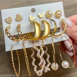 Pearl Big Geometric Hoop & Stud Earrings Set ( 9 Pair )