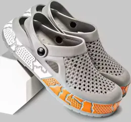 Gray Terrain-Sole Clogs Breathable Slip-Ons with Artistic Grip 