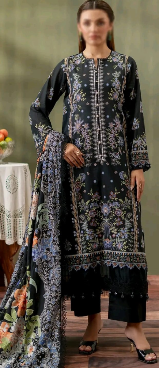 Original Pakistani Mausummery Premium Lawn Stitched 3Pcs _ Black