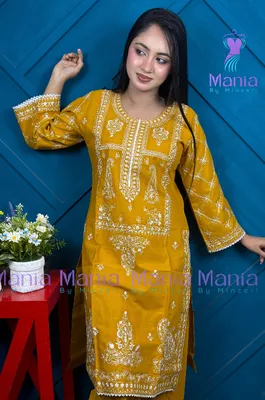 Honey Mustard // Premium Embroidery Work Slub Cotton Fabric // Co-Ord’s 2PCS Set