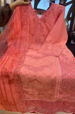 Pakistani-Inspired Embroidered Swizz Lawn Stitched Three-Piece Collection (Peach Pink / Coral)   