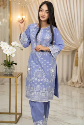 Glacier Blue // Premium Embroidery Work Cotton Fabric // Co-Ord’s 2PCS Set