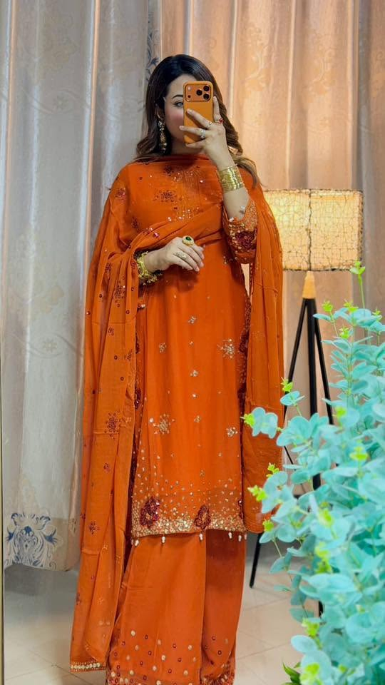 Original Pakistani Chiffon Stitched 3Pcs By Rangoon _ Rust