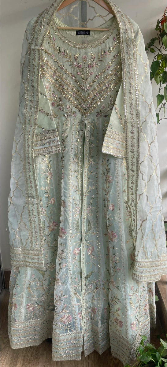 Pakistani Original Mona Embroidery Organza Stitched Gown 3Pcs _ Mint 