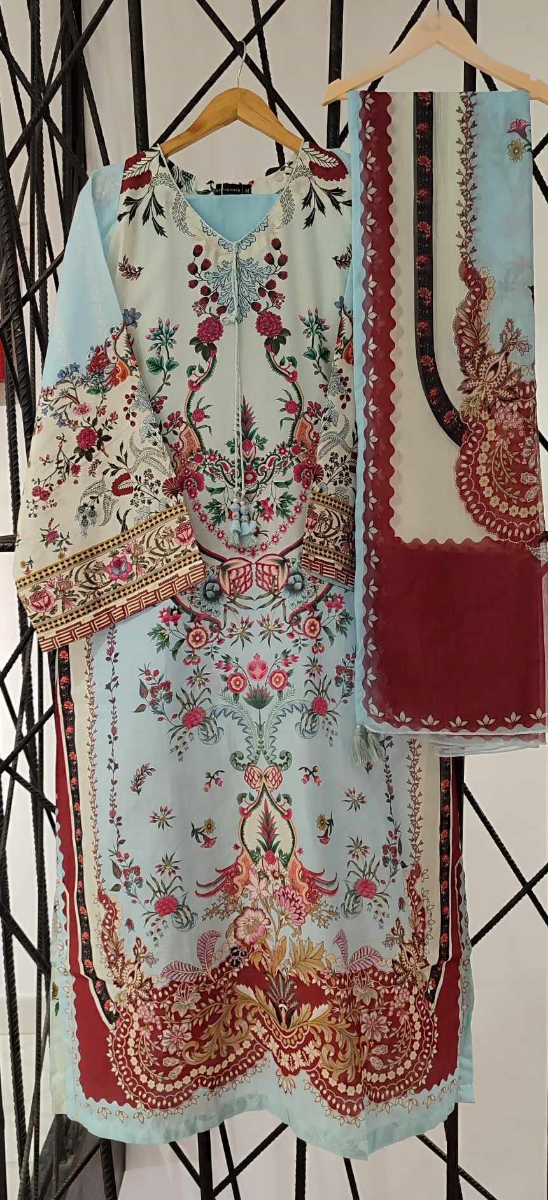 Pakistani Original Sadabahar Printed Stitched  Kaftan 3pc _ Sky Blue 
