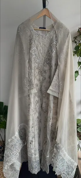 Pakistani Original Mona Embroidery Cotton Net Stitched Gown 3Pcs _ Beige