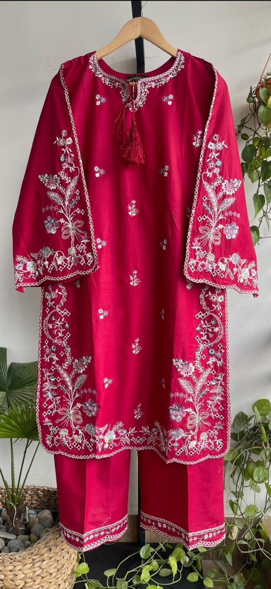 Original Pakistani Hayat’s Cotton Embroidered Stitched 2Pcs _ Maroon
