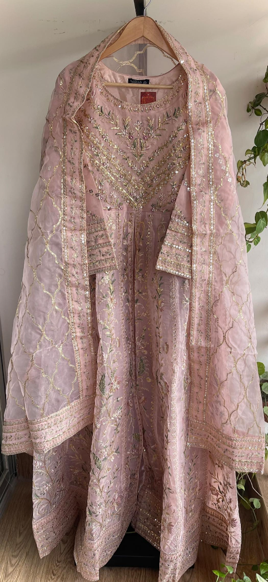 Pakistani Original Mona Embroidery Organza Stitched Gown 3Pcs _ Pink 
