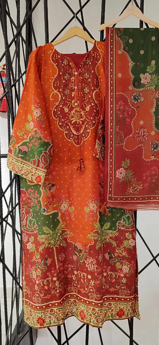 Pakistani Original Sadabahar Printed Stitched  Kaftan 3pc _ Rust 