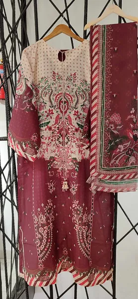 Pakistani Original Sadabahar Printed Stitched  Kaftan 3pc _ Peach & Maroon 