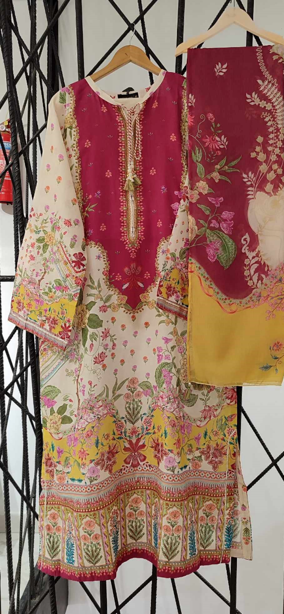 Pakistani Original Sadabahar Printed Stitched  Kaftan 3pc _ Magenta & Beige 