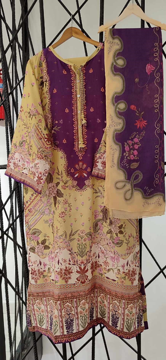 Pakistani Original Sadabahar Printed Stitched  Kaftan 3pc _ Purple & Yellow 