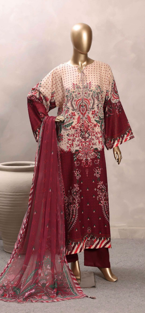 Pakistani Original Sadabahar Printed Stitched  Kaftan 3pc _ Peach & Maroon 