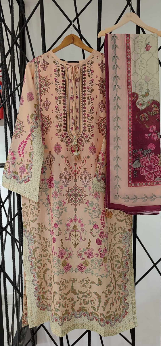 Pakistani Original Sadabahar Printed Stitched  Kaftan 3pc _ Peach 