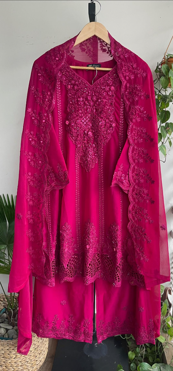 Original Pakistani Chiffon Stitched Frock With Palazzo Set _ Magenta