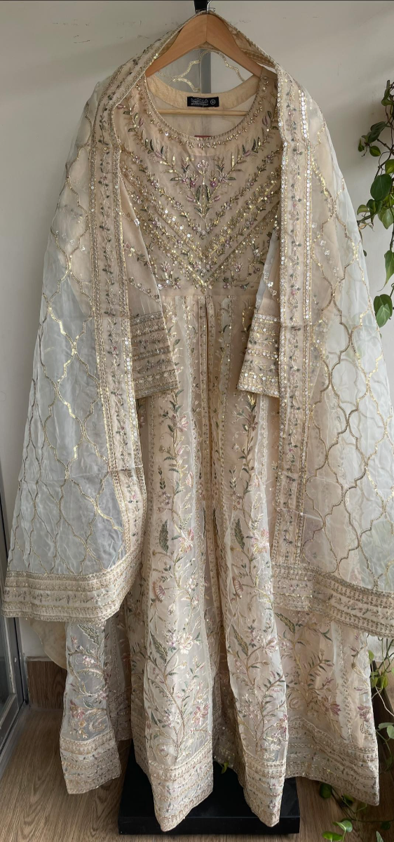 Pakistani Original Mona Embroidery Organza Stitched Gown 3Pcs _ Golden Beige 