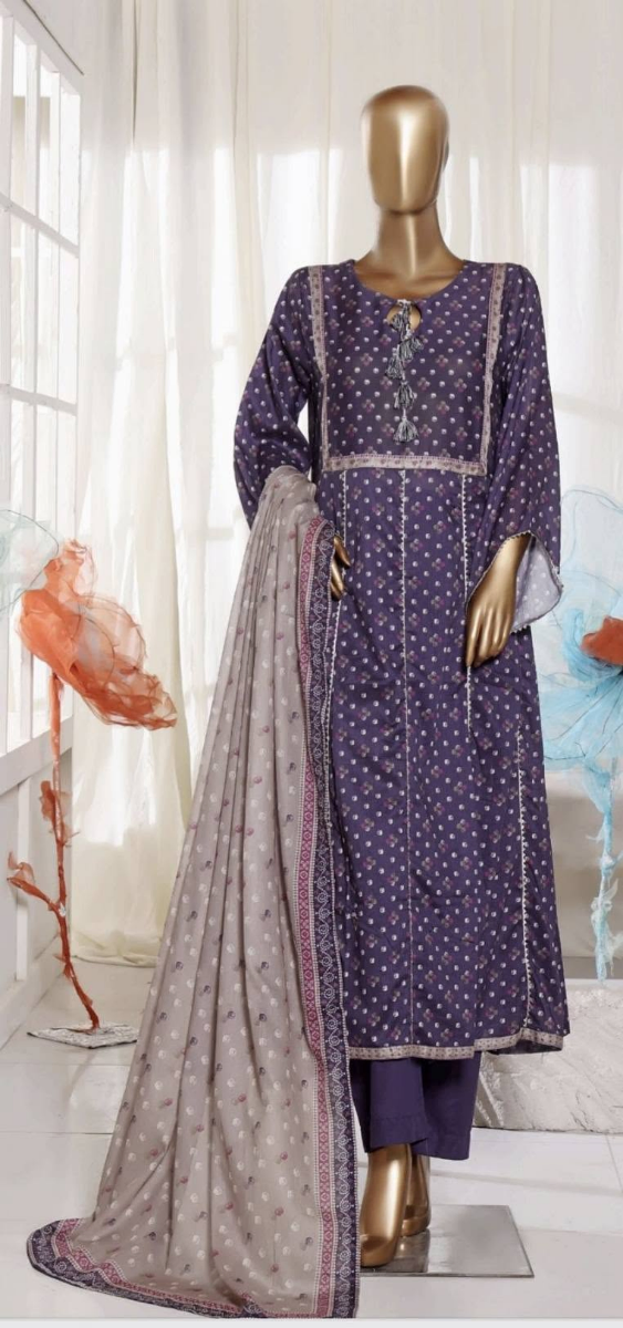 Pakistani Original Bin Saeed Printed Frock Stitched 3Pcs_Purple