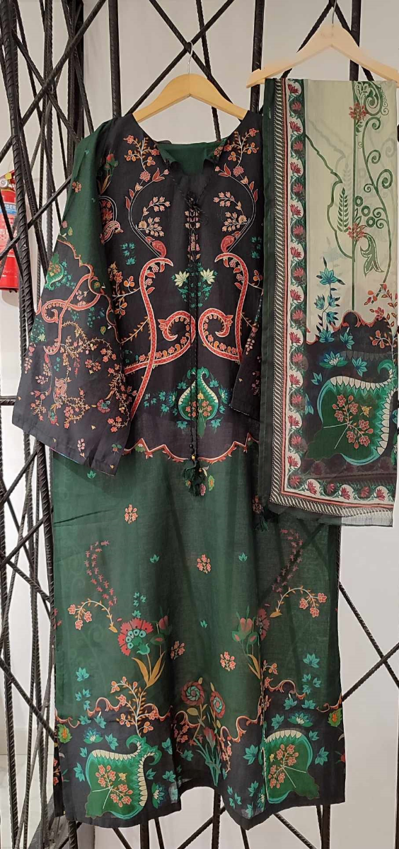 Pakistani Original Sadabahar Printed Stitched  Kaftan 3pc _ Black & Green 