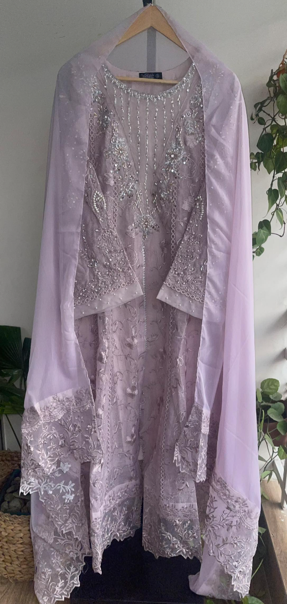 Pakistani Original Mona Embroidery Cotton Net Stitched Gown 3Pcs _ Lavender