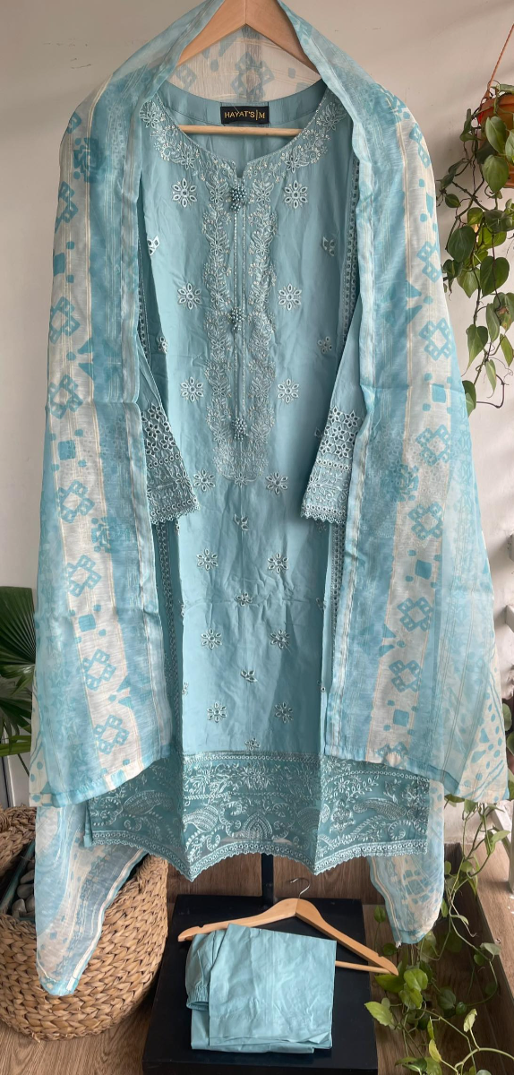 Original Pakistani Hayat’s Cotton Embroidered Stitched 3pcs _ Ligth Aqua