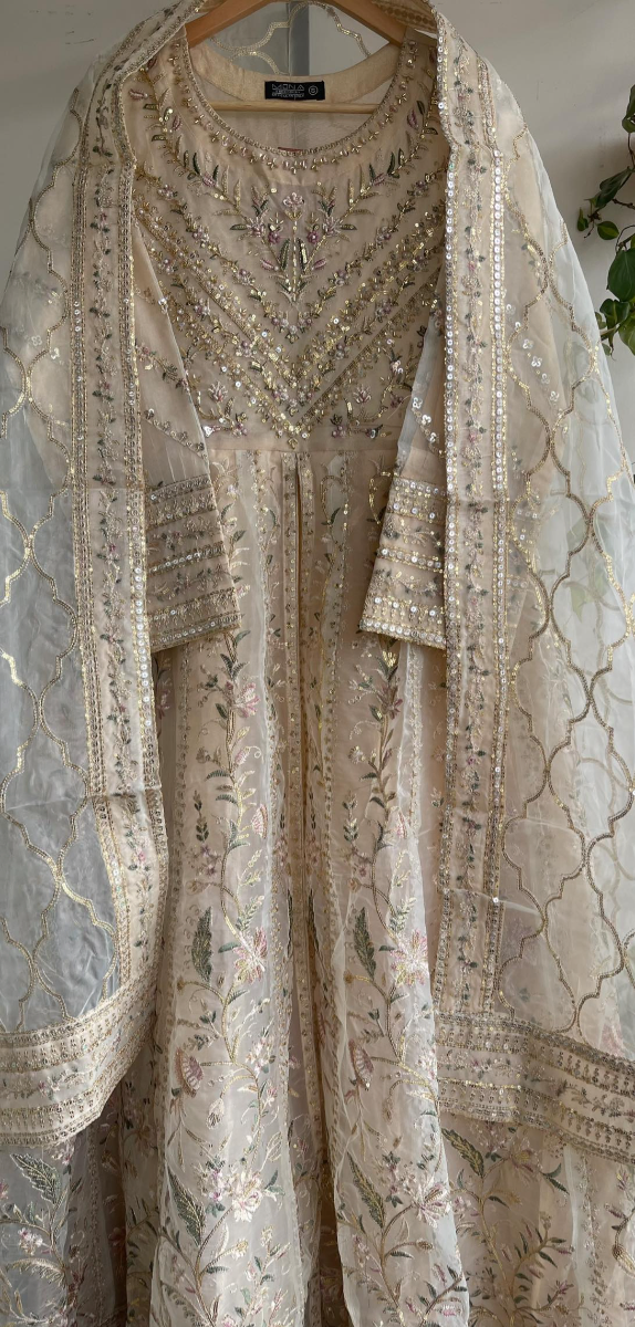 Pakistani Original Mona Embroidery Organza Stitched Gown 3Pcs _ Golden Beige 