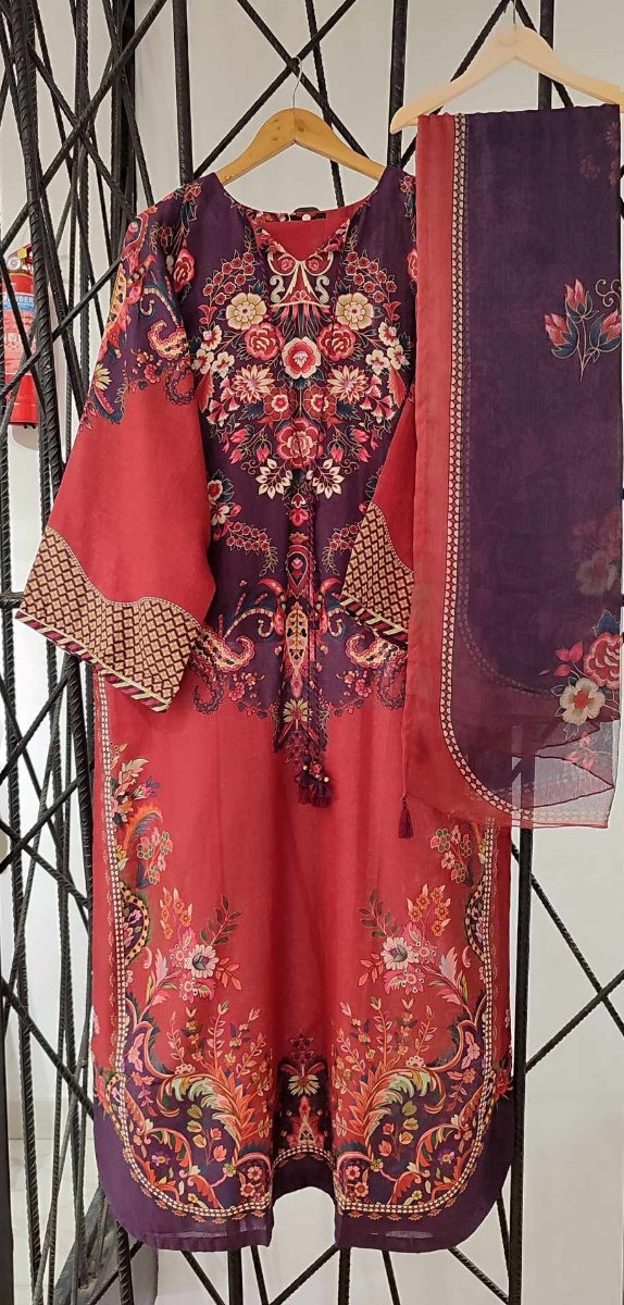 Pakistani Original Sadabahar Printed Stitched  Kaftan 3pc _ Deep Purple & Maroon 
