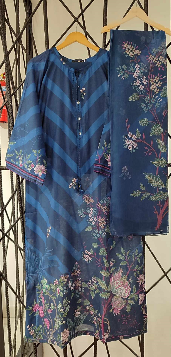 Pakistani Original Sadabahar Printed Stitched  Kaftan 3pc _ Blue 