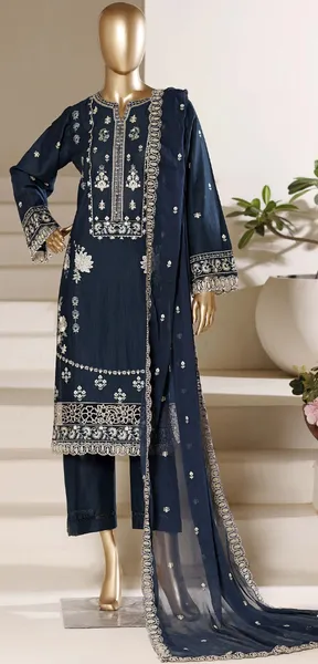 Original Pakistani Sadabahar Luxury Cotton Stitched 3Pc With Chiffon Dupatta _ Dark Navy