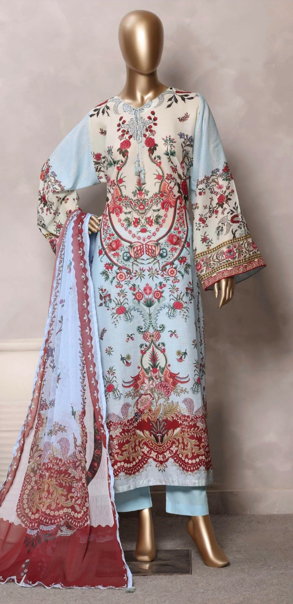 Pakistani Original Sadabahar Printed Stitched  Kaftan 3pc _ Sky Blue 