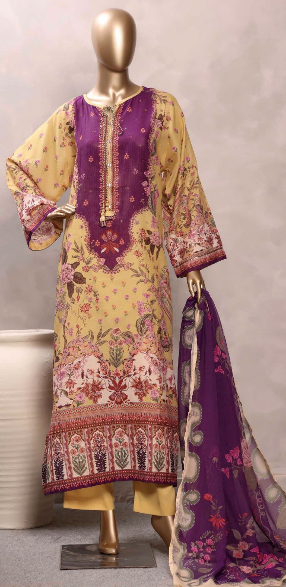 Pakistani Original Sadabahar Printed Stitched  Kaftan 3pc _ Purple & Yellow 