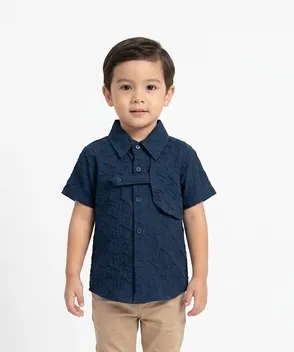 Baby Boss Premium Deep Blue Cloque Textured Button-Up Shirt for Boys